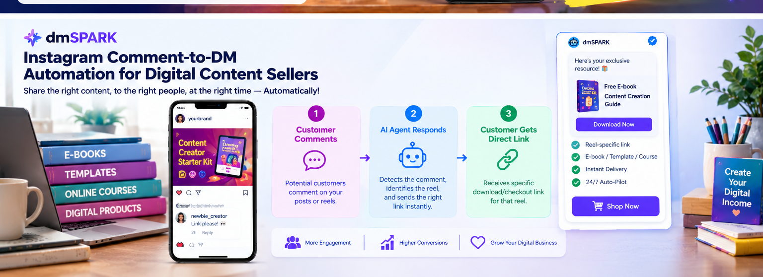 Instagram comment-to-DM workflow delivering e-book, template, and online course links