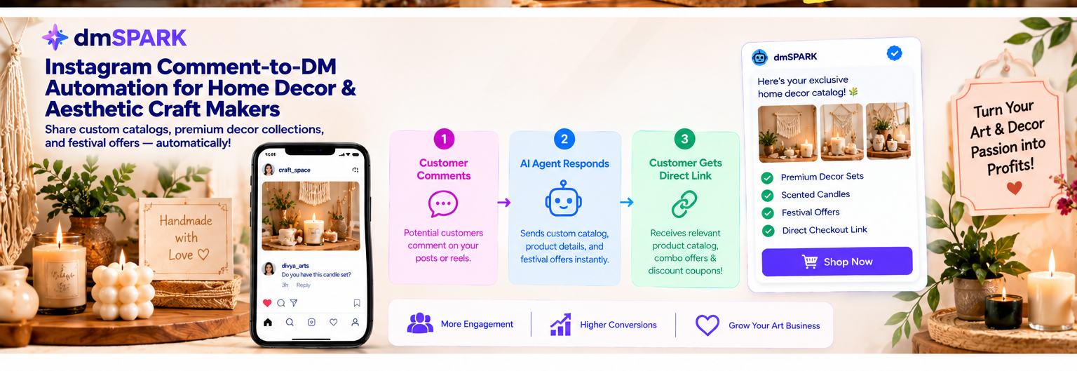 Instagram comment-to-DM workflow for handmade home decor catalogues, premium product sets, and festival offers