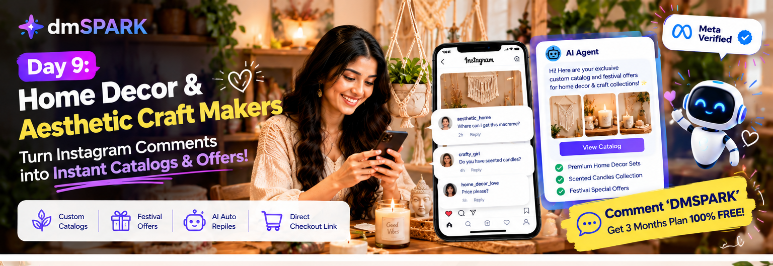 Home decor craft maker showcasing handmade macrame art and scented candles with Instagram automation