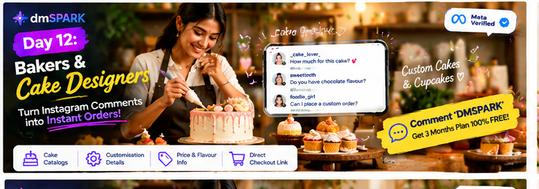 Cake designer showcasing custom cakes and Instagram comment automation