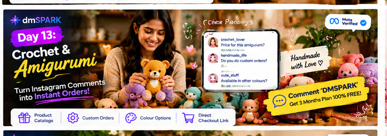 Handmade crochet artist displaying colourful amigurumi creations