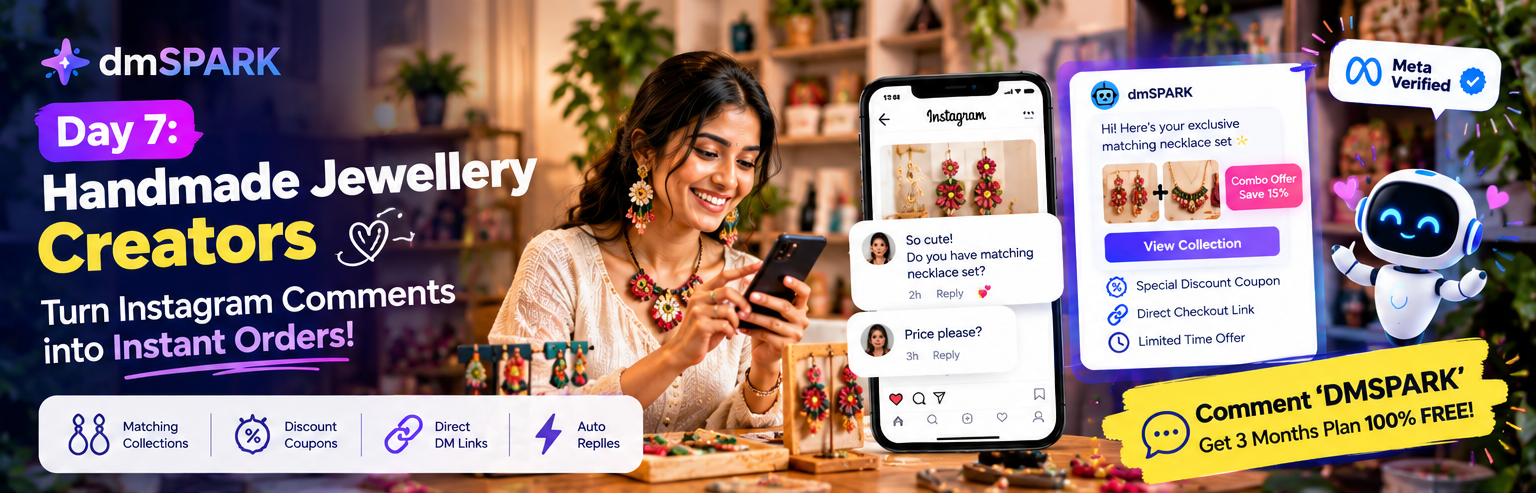 Handmade jewellery creator showcasing terracotta earrings and Instagram comment automation with dminsecond