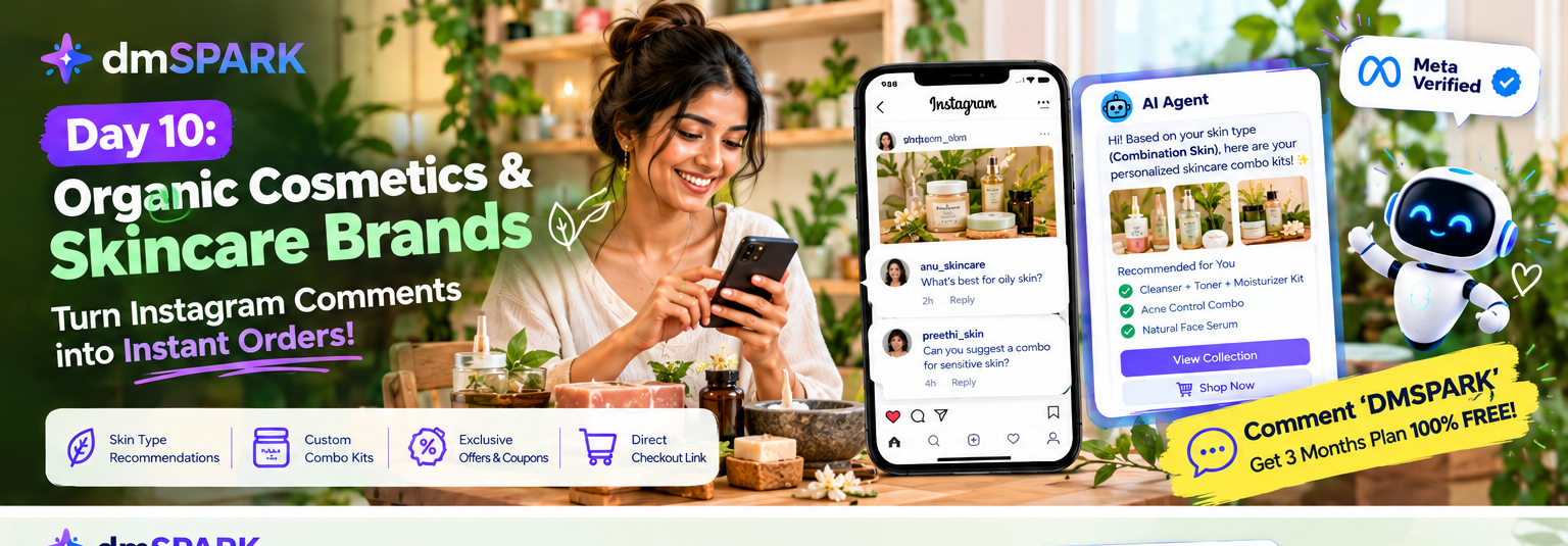 Organic skincare brand owner showcasing handmade soaps, hair serums, and Instagram automation